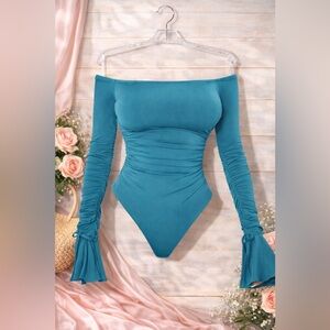 Off-Shoulder Teal Long-Sleeve Bodysuit